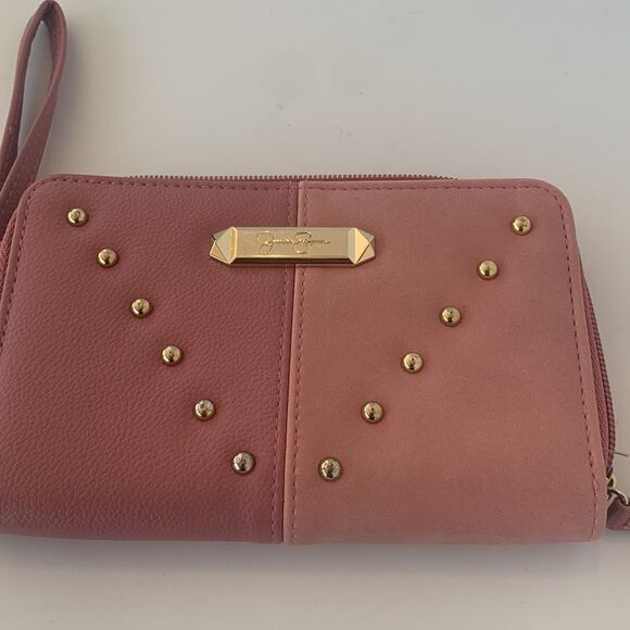Jessica Simpson Pink Wallet Wristlet Gold Studs Holds 21 Cards - Picture 2 of 9